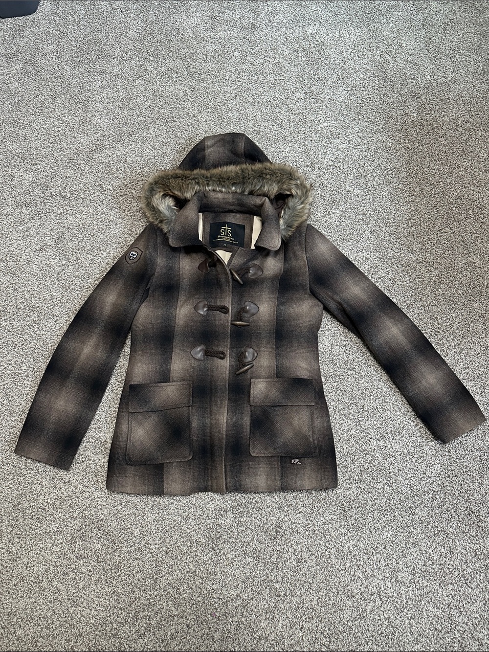 STS Ranchwear Brown Plaid Toggle Pea Coat with Faux Fur Hood